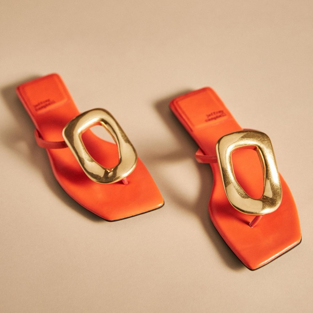 Jeffrey Campbell Linques Leather Thong Sandals Square Toe Metal In Orange Size 7